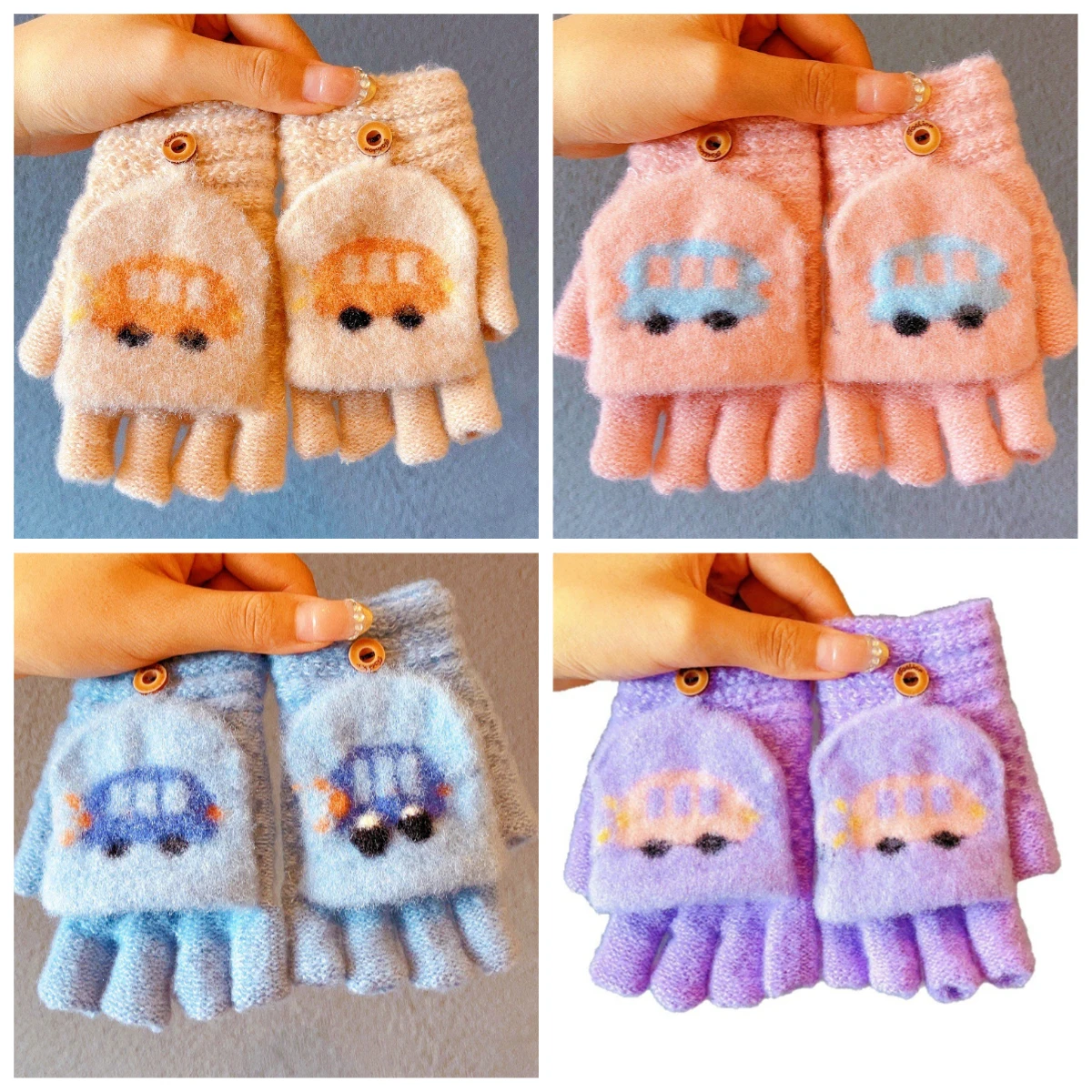 

Childrens Half-finger Flip Car Pattern Gloves Winter Boys and Girls Plush Mitten Primary School Students Writing Keep Warm HP01