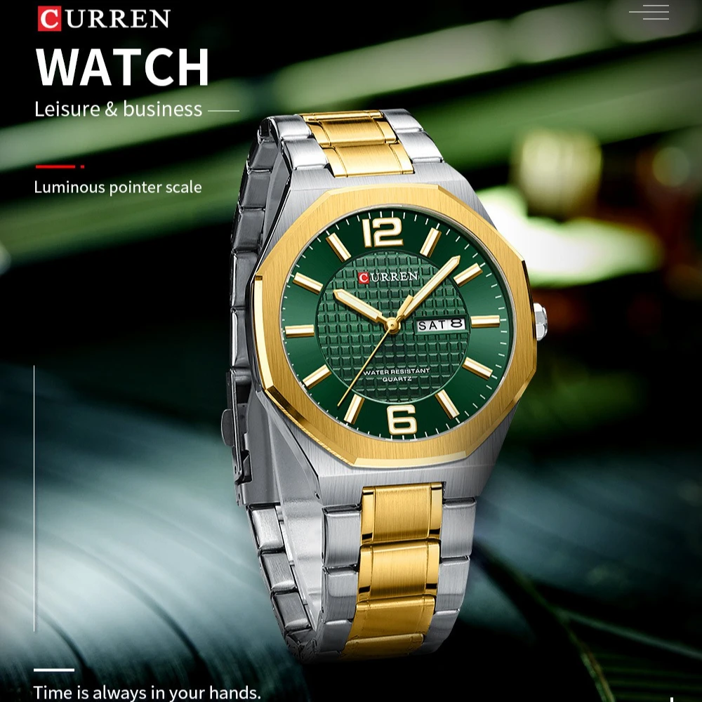 Curren 8476 Men's Watch Fashion Automatic Date Week Design Waterproof Stainless Steel Strap Business Quartz Watches for Man