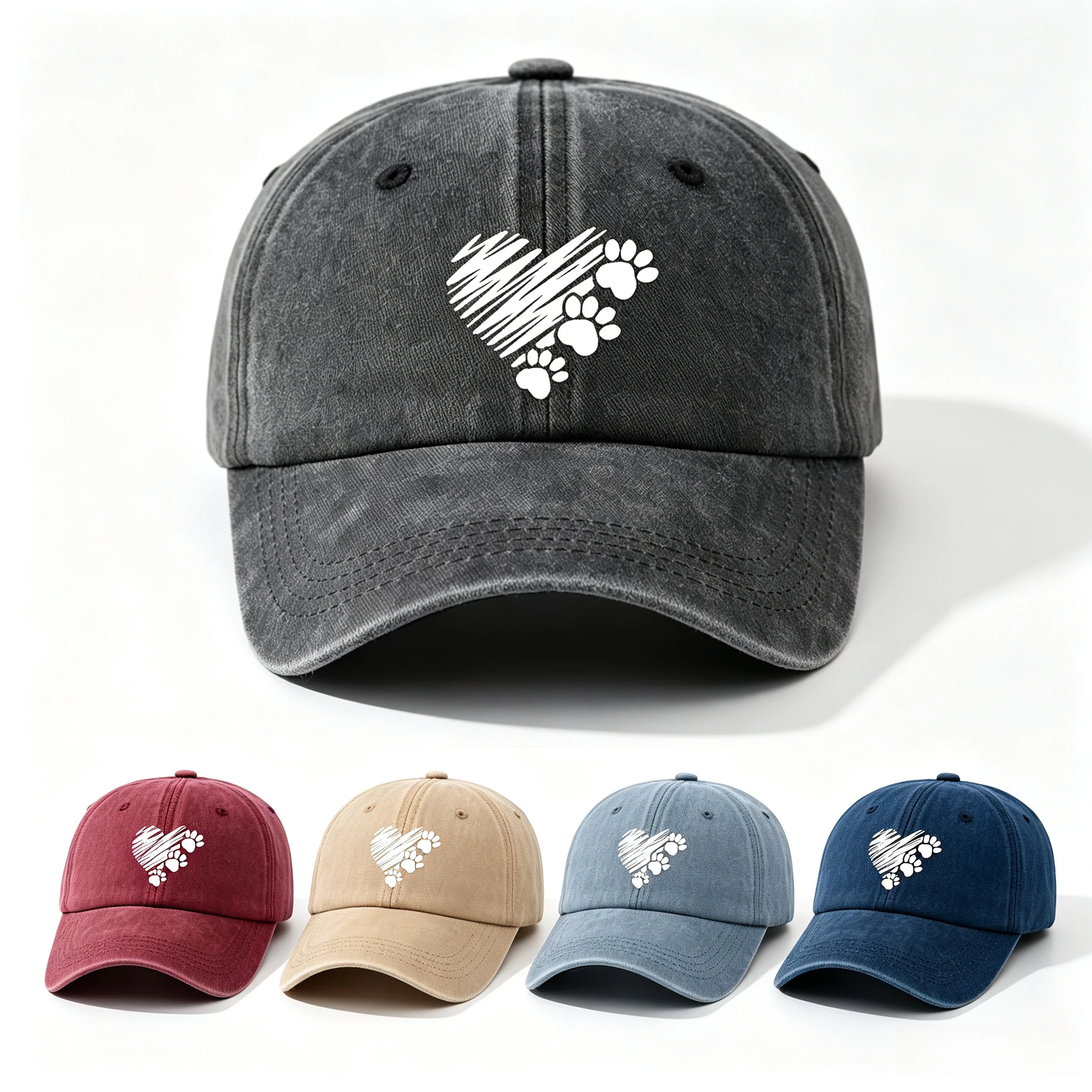 Heart Paw Print Vintage Washed Cotton Baseball Cap Unisex Adjustable Curved Brim Dad Hat Pet Lover Casual Outdoor Sun Hat Gorra