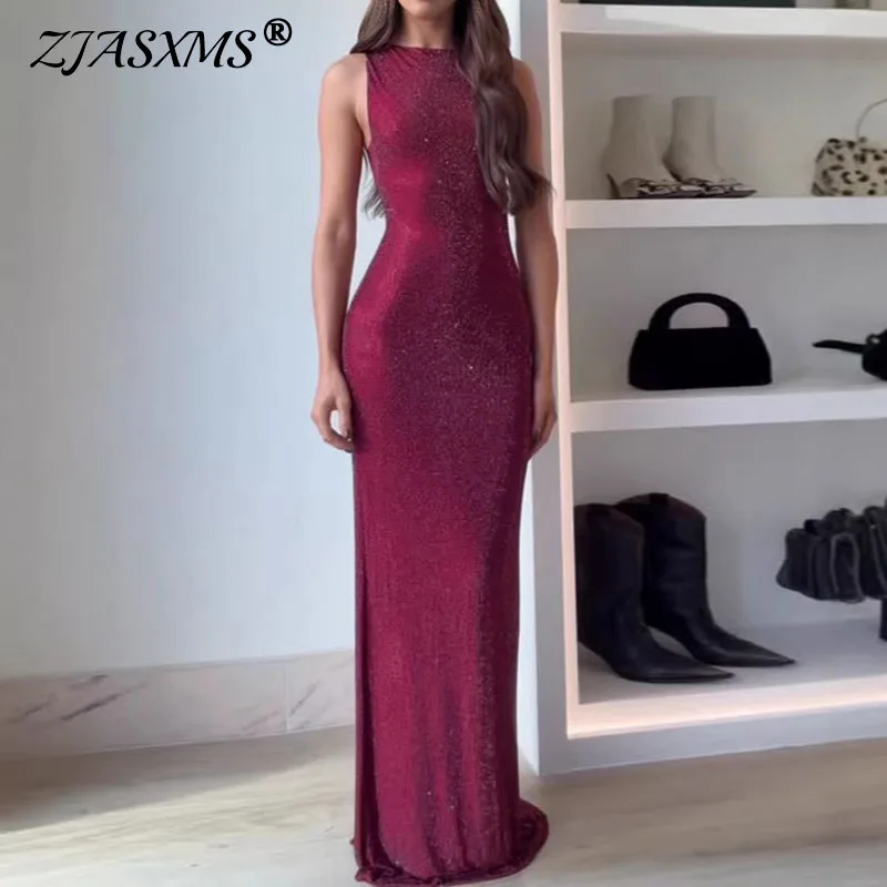 Batas para mujer, vestido de fiesta Sexy con lentejuelas brillantes, nuevo vestido largo elegante con cuello redondo y abertura hueca, vestido Maxi bohemio sin mangas para primavera y verano