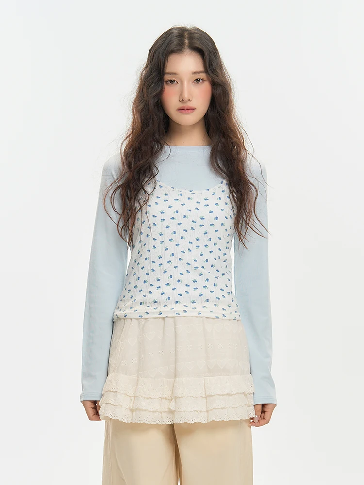 

Pink Floral Print Two-Piece Set Long Sve T-irt Top And Bot Korean Sle Commute Faion Polyester Fiber round Ne