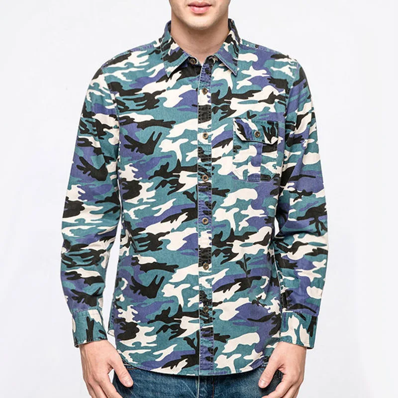 Camisas camufladas de manga comprida masculina, casacos com gola virada para baixo, tops de peito único, camisas soltas casuais masculinas, primavera, outono