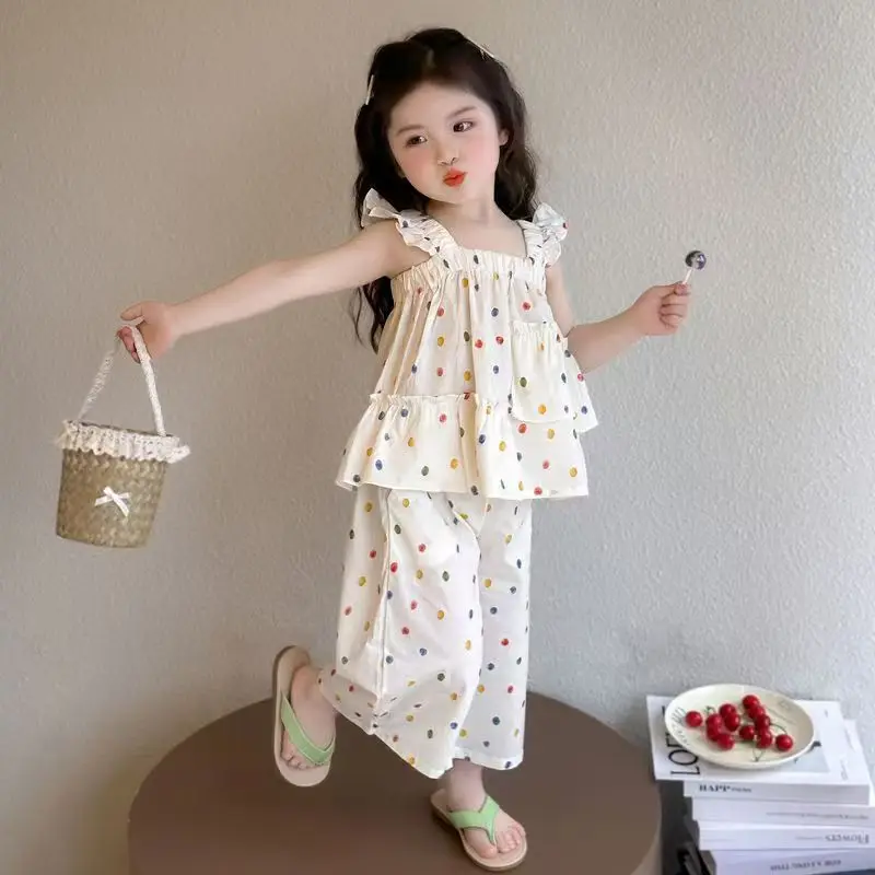 

Летний комплект для девочек 2026: новый летний костюм-двойка в горошек с топом-майкой для малышек