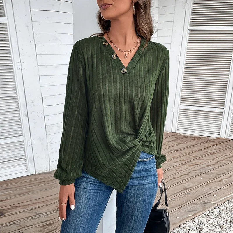 

New Autumn Women'S Split Green V-Neck Top