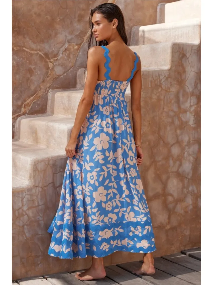 Summer Cover Ups Women Swimsuit Spaghetti Strap Robes Bathing Suit 2026 New Flower Printing Beach Holiday Maxi Dresses Cover-Up