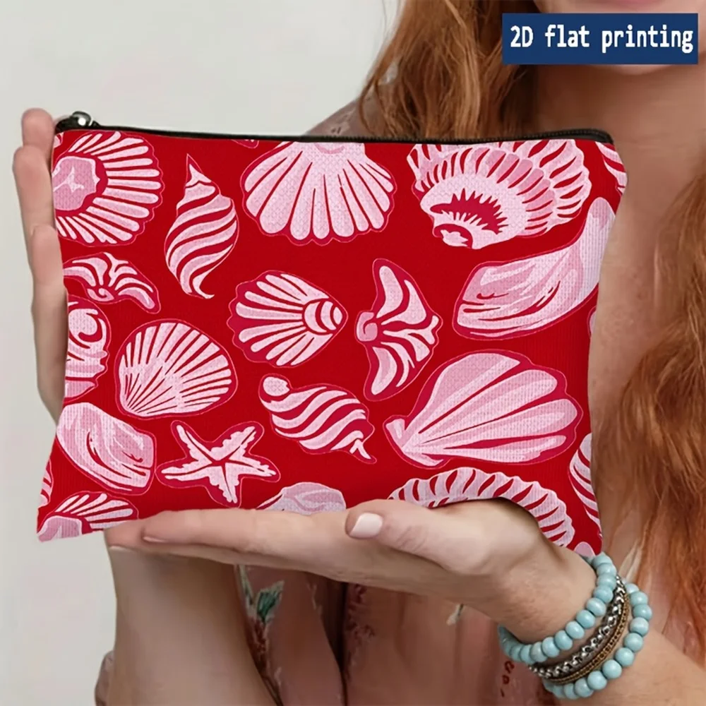 1 Piece Red Shell Ocean Beach Pattern Makeup Bag - Multifunctional Zipper Pouch for Women, Perfect Travel Zipper Storage Bag, Fun Birthday Gift