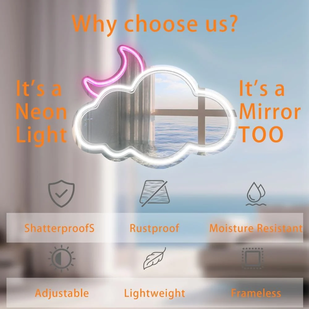 Signe Néon LED à Luminosité Réglable avec Fonction Touristique, Couleur Miroir, Nuage Blanc et Lune Rose, Finition Miroir, Alimentation USB