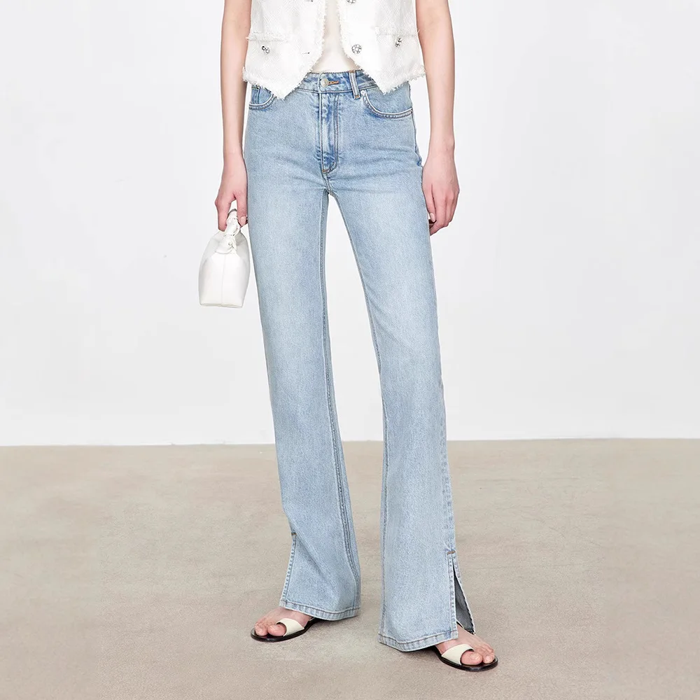 Vaqueros acampanados de mezclilla a la moda para mujer altos clásico azul negro adelgazante ajuste elegante con aberturas laterales pantalones acampanados elásticos 99% algodón