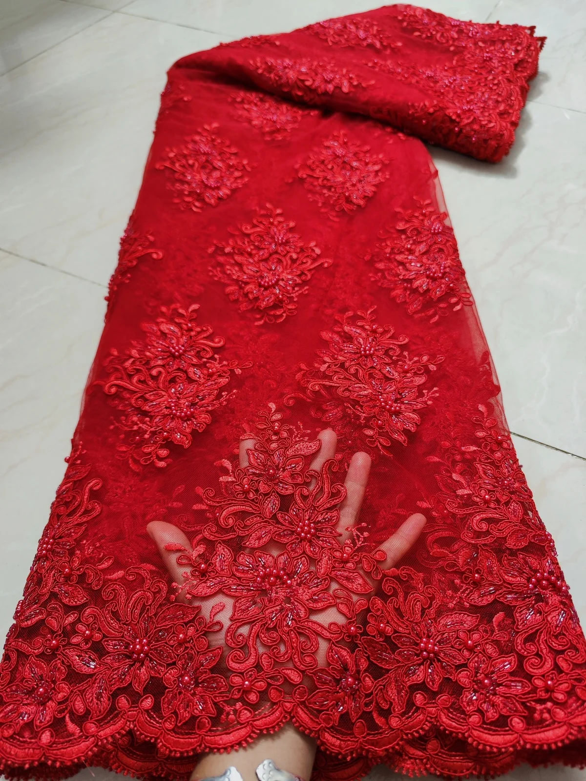 Luxury Handmade Beads Red French Tulle Lace Fabric Sequins Embroidery African Nigerian Lace Fabric For Evening Dress KWH23108