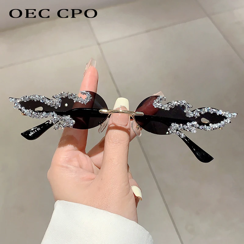 

OEC CPO Retro Diamonds Rimless Women Sunglasses Fashion Luxury Rhinestone Sun Glasses Female Small Frameless Shade UV400 Eyewear