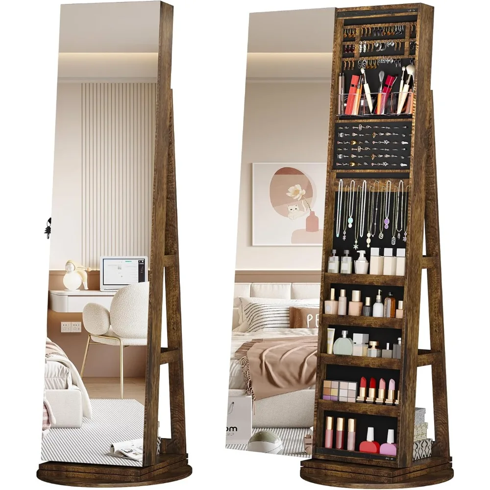 

360° Swivel Jewelry Cabinet with Full Length Mirror, 63 Large Capacity Jewelry Organizer Armoire, Lockable Mirror