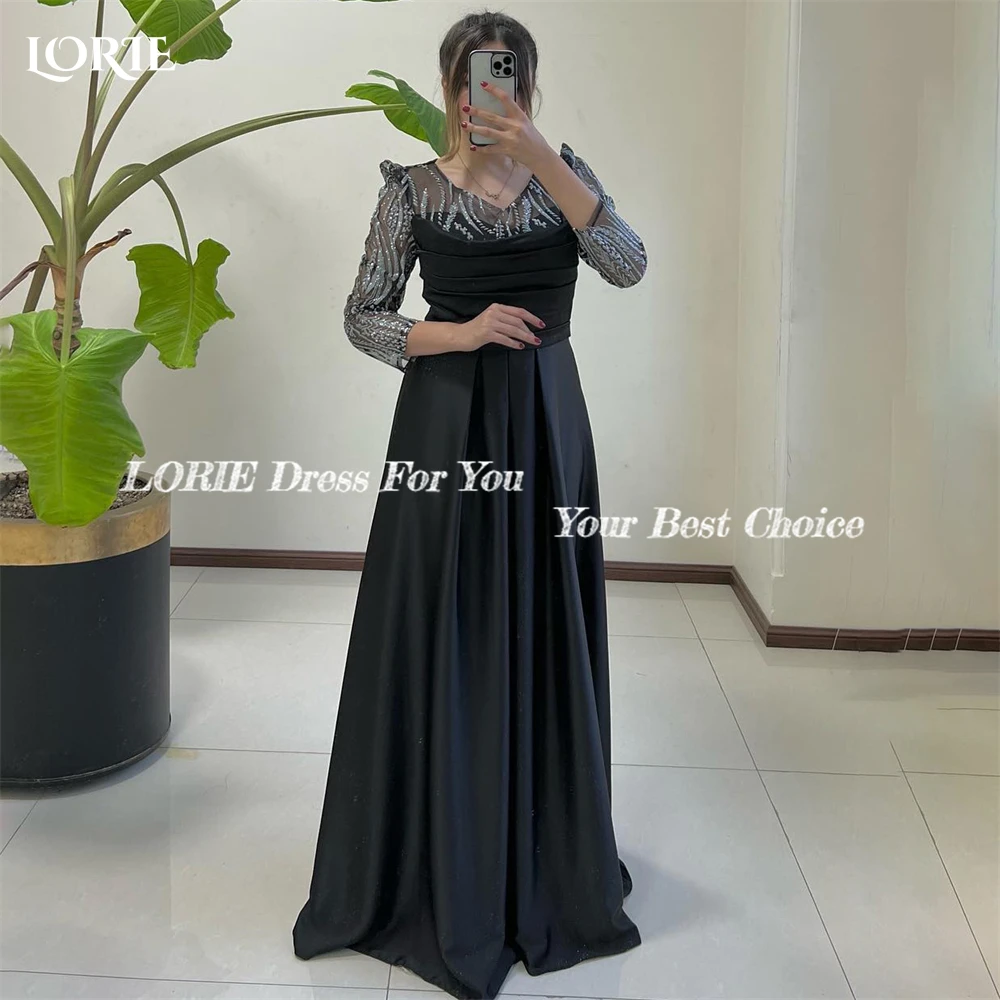 LORIE Elegant Glitter Lace Formal Prom Dresses A-Line Pleated O-Neck Cap Sleeves Evening Dress Arabia Dubai Bride Party Gowns