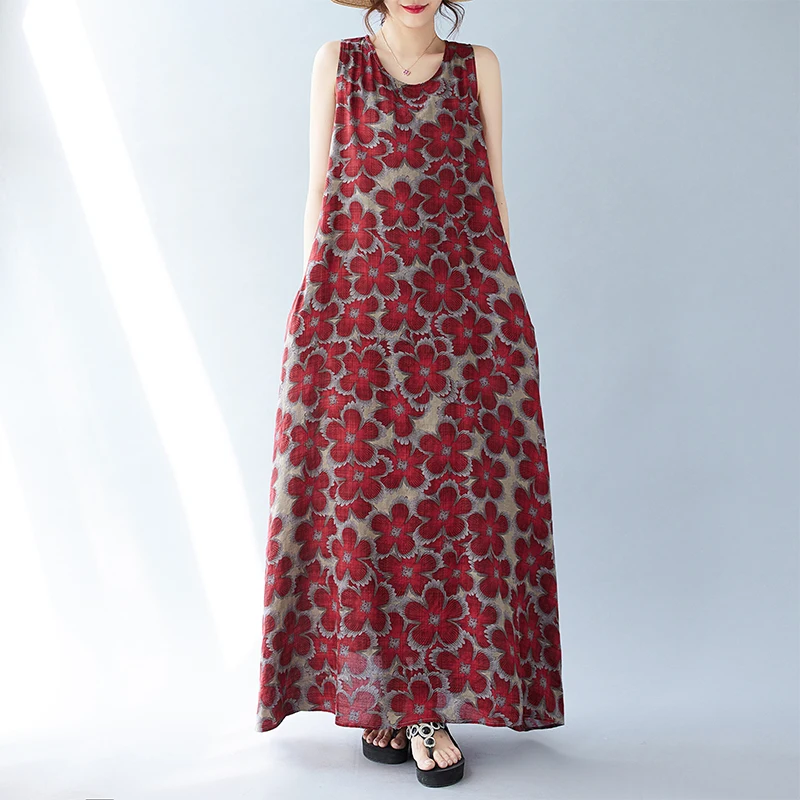 Robe longue bohème pour femmes, grande taille, col rond, imprimé fibre, robe éducative, nouvelle collection été, A438