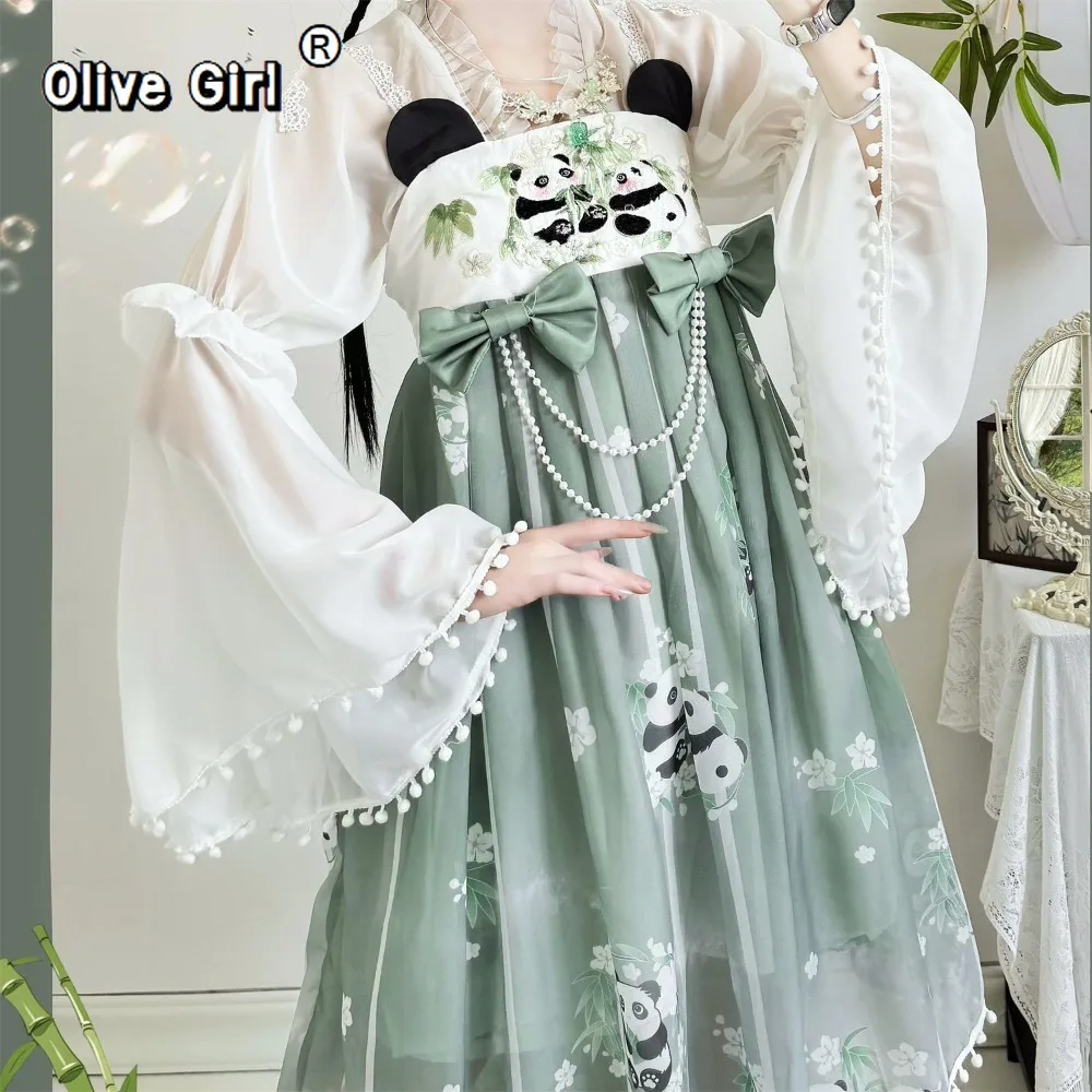 

Panda Style Hanfu Dress Blouse Bow Pearl Chain Slip Dress Women's Set Clothing Embroidery Spring Summer Fairy Cosplay