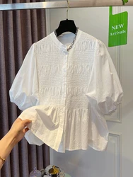 Japan Style Summer Loose Blouses Pleated Ins Vintage Single Breasted Women Shirts Solid Puff Sleeve Fashion Blusas 2024 White