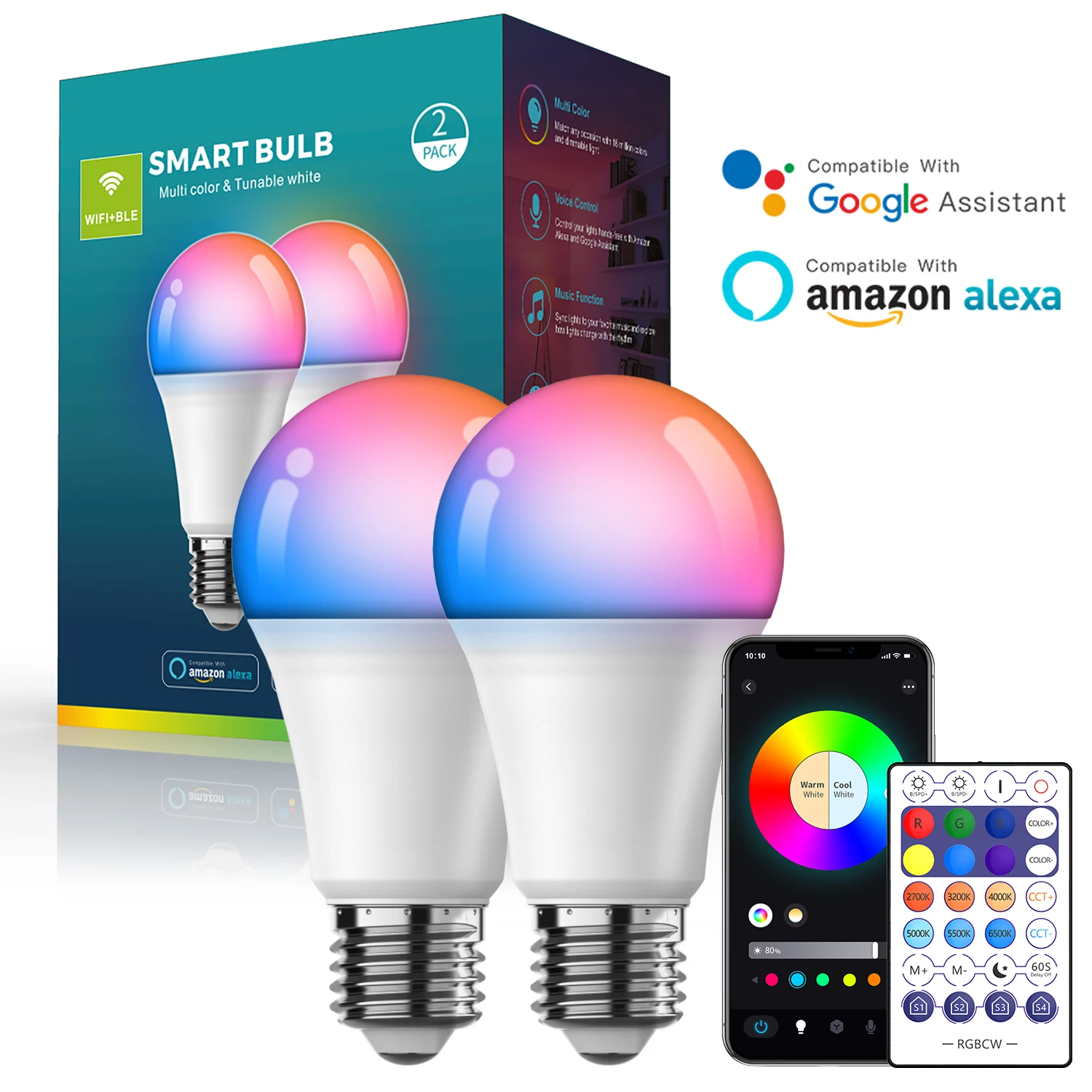 

Smart Light Bulbs 2Pack with Remote, E26/E27/B22 LED Color Changing, RGB Smart Home Lighting Work with Alexa Google Assistant