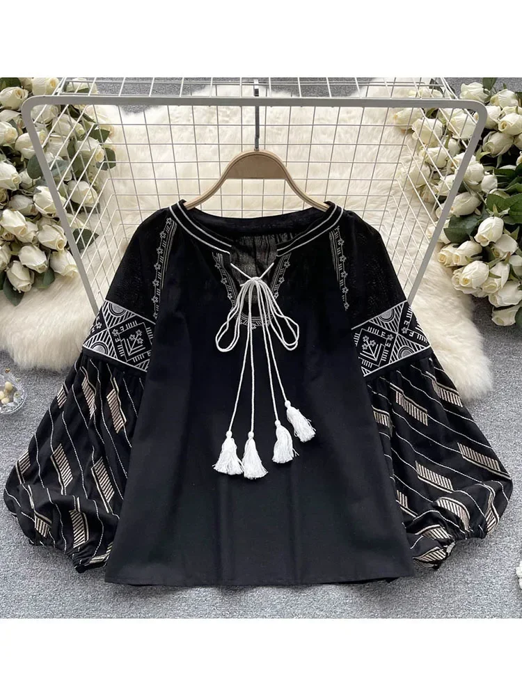 Women Sprin Autumn Blouse New Chinese Style Retro Loose Embroidered Lantern Sleeves Versatile Loose Long Sleeve Shirt Top D3554