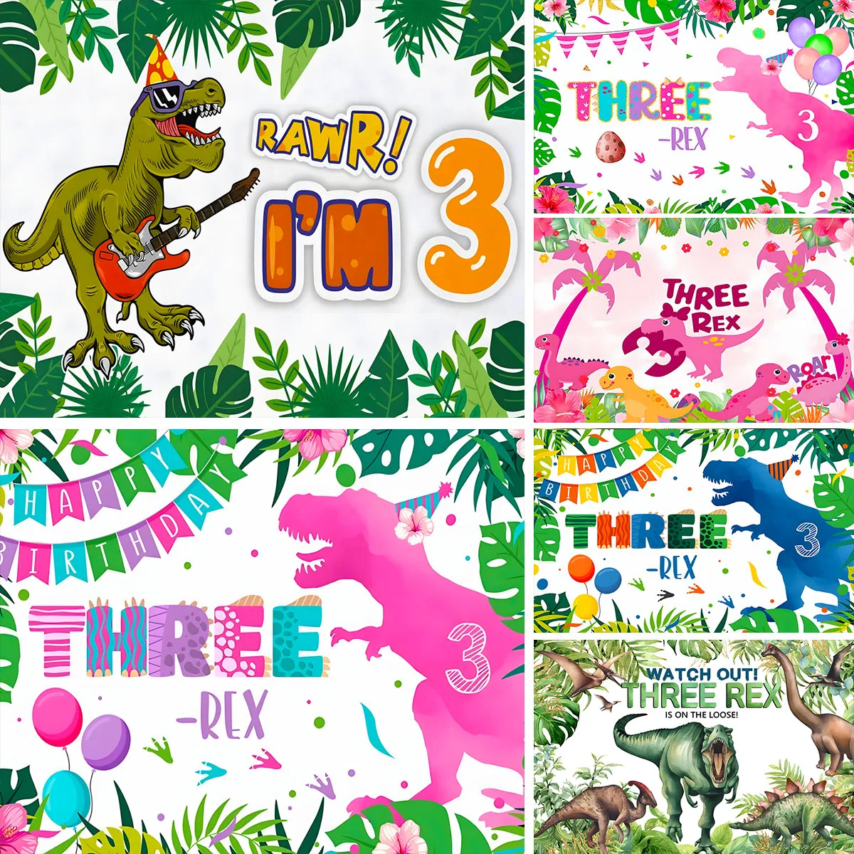 3rd Dinosaur Birthday Backdrop Safari Jungle Forest Happy Birthday Party Animal Cartoon Kids Photo Background Banner Decorations