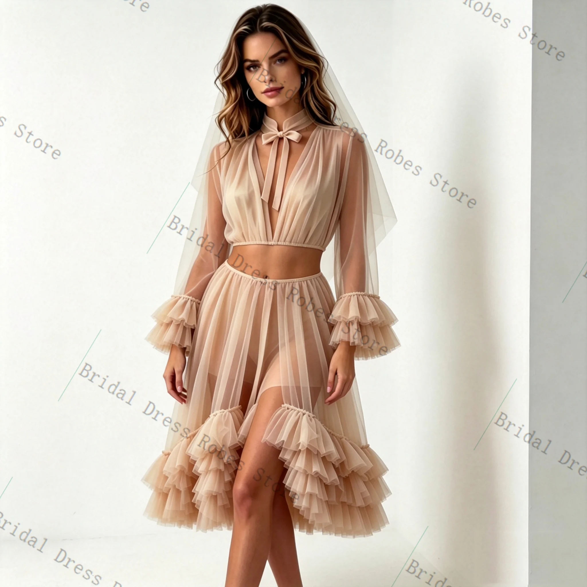 

Champagne Tulle Women Prom Dress For Photoshoot Formal Sexy V Neck 2 Pcs Skirt SetBridal Morning Robe Customized Night Gown