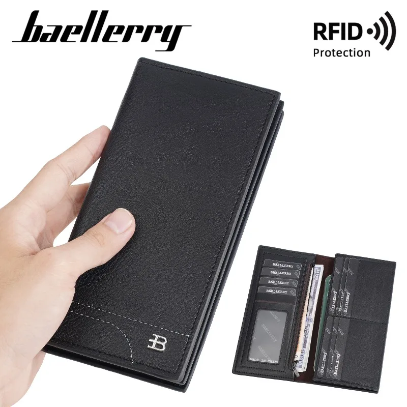 Baellerry Rfid Wallet for Men Retro PU Leather Long Wallet Clutch Multi-Card Slot Wallet Zipper Card Holder Coin Purse Hand Bag