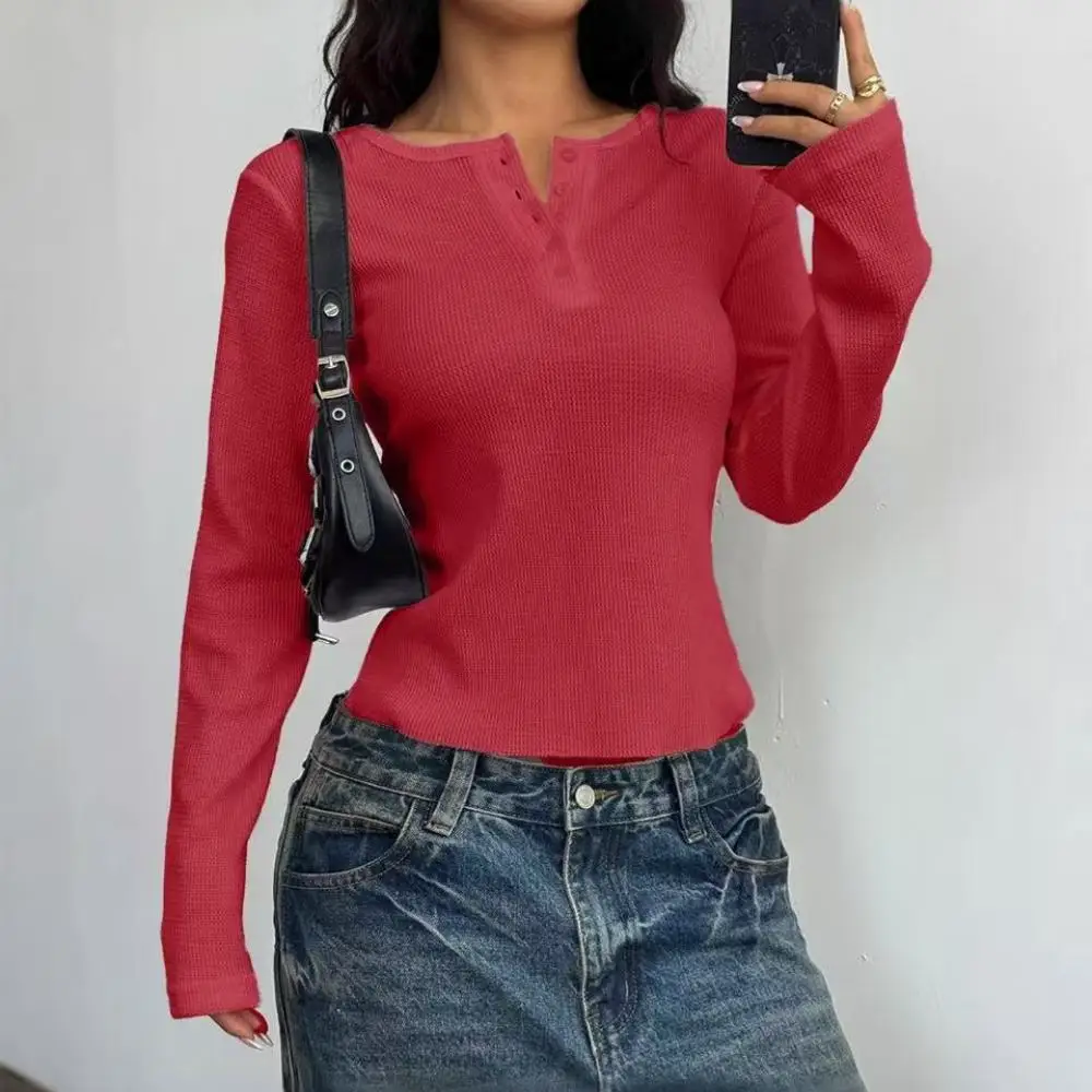 Fashion Women Y2K Long Sleeve Tee Sexy Slim Fit Button Detail Top Summer Casual Retro Aesthetic Crew Neck Streetwear