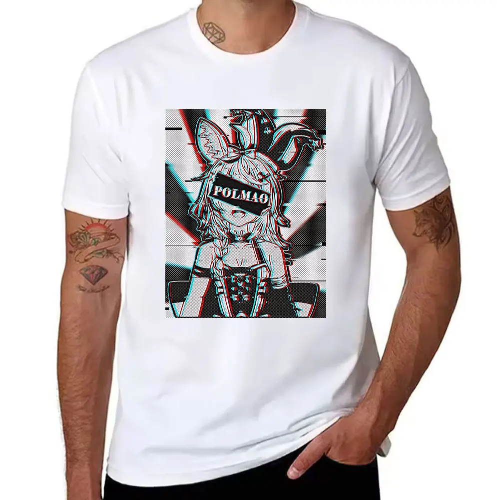 Men's Cotton T-Shirt Glitch Art Anime Fox Girl Graphic Print Casual Short Sleeve Tee