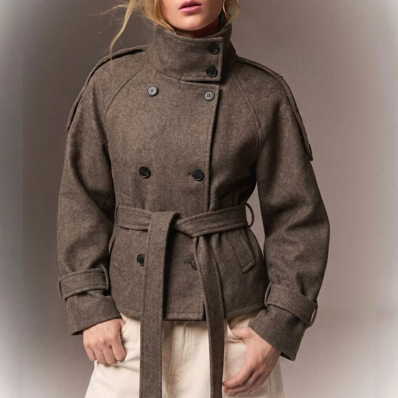 Autumn New Women Solid Color Stand Collar Woolen Coat Double Breasted Belted Chic Ladies Overcoat Commuter Outerwear