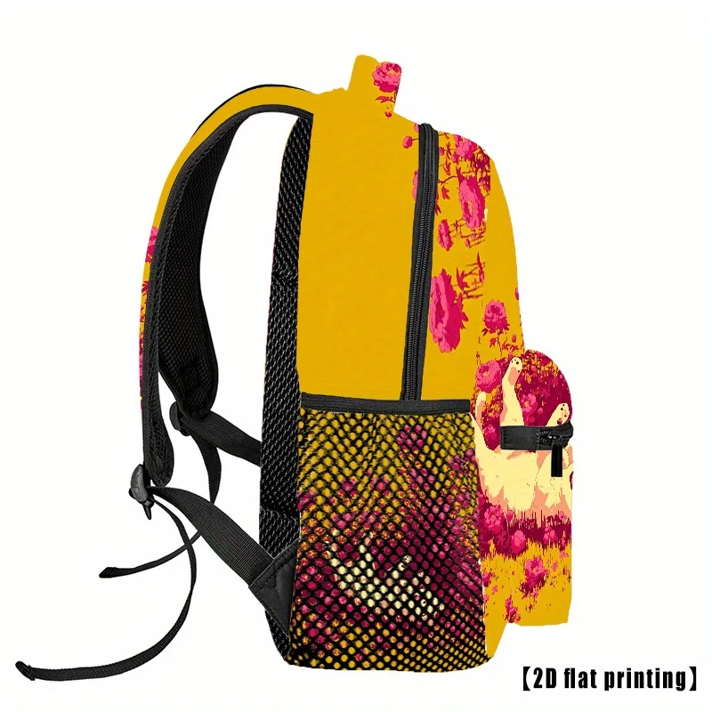 Yellow Cat In Rose Garden Print Backpack Cute Animal Floral Pattern School Bag Casual Daypack For  Students Travel Daily Use