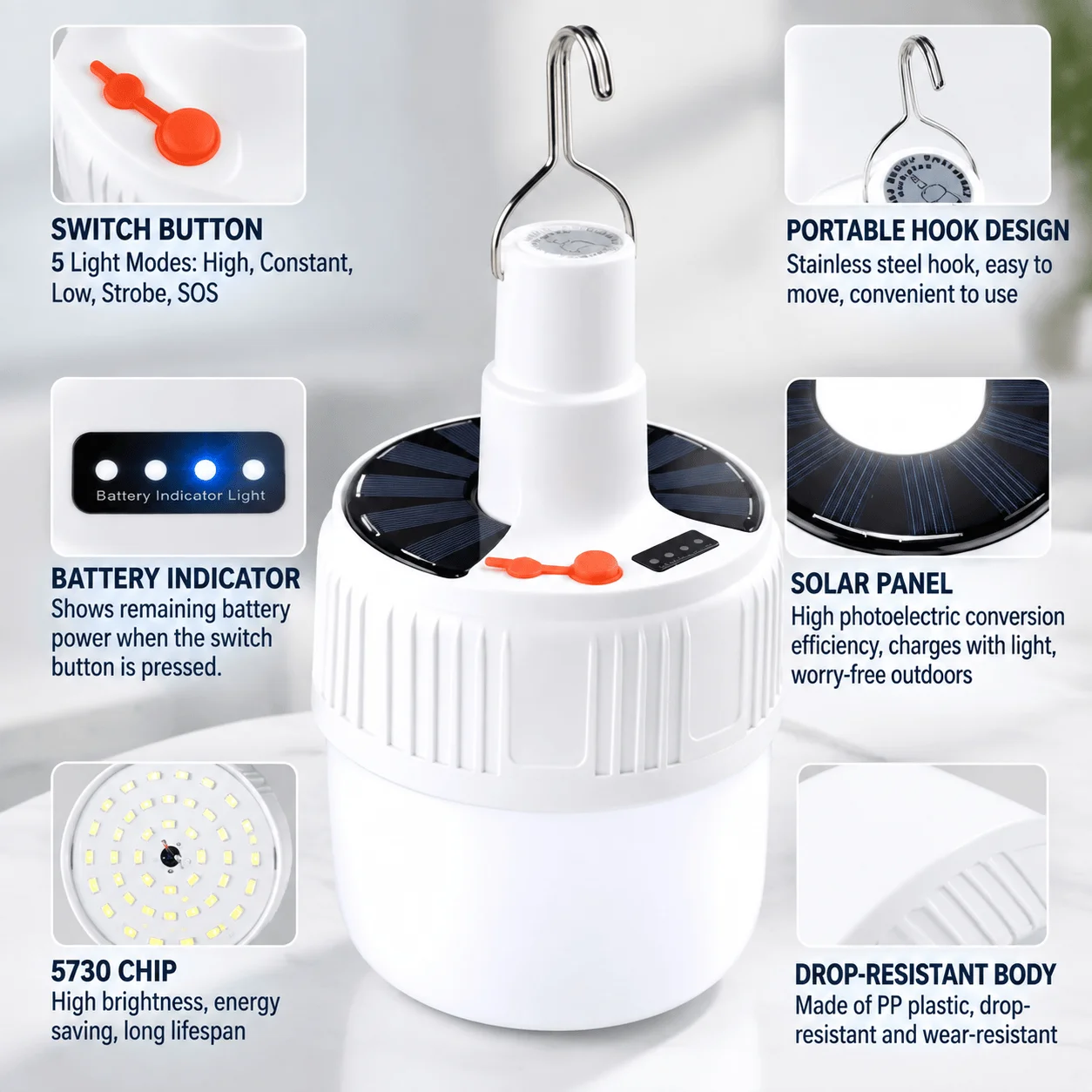 100W Solar Rechargeable LED Camping Light, Five Modes with SOS and Strobe, Battery Level Display, White 5000K Light, Stainless Steel Hook, PC Lampshade, Built-In Rechargeable Battery, for Camping, Fishing and Emergency Lighting