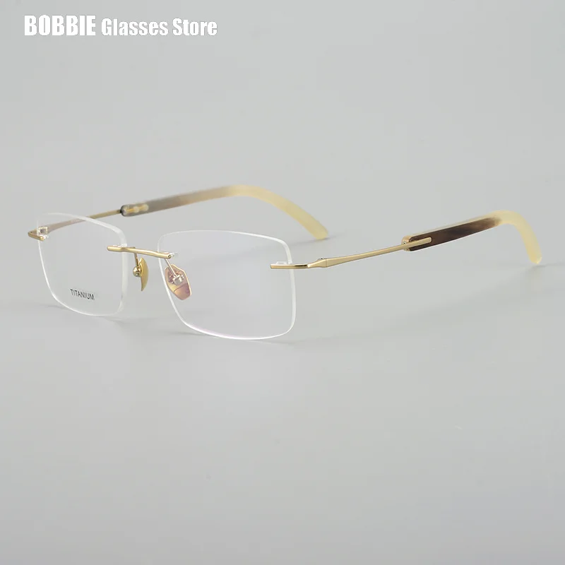 Business Rimless Square Glasses Frame Natural Horn Super Light Pure Titanium Men\'s Tide Myopia Eyeglasses  Japanese Design 2023