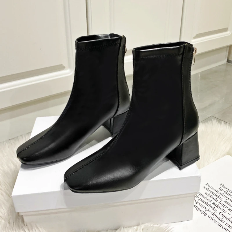 Low Heel Ankle Boots Women Square Toe Skinny Chunky Boots Pu Leather New Fall Winter 2023 Comfort Fashion Beige Chelsea Boots