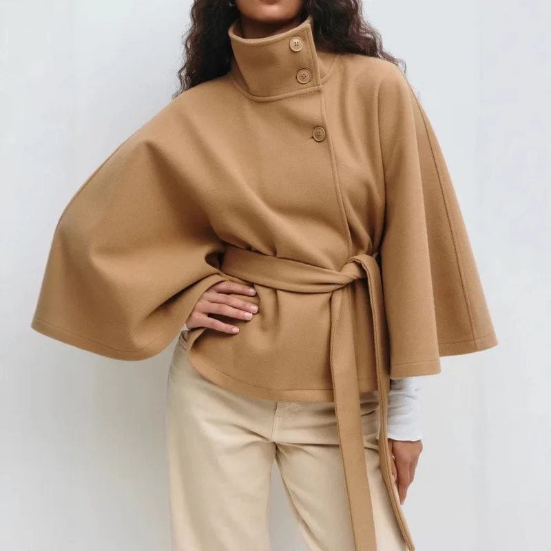 2026 Women Cape Style Solid Color Wool Trench Coat Stand Collar Button Belt Autumn Winter