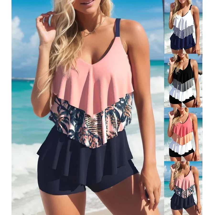New High-quality Summer Women's Swimsuit Fashionable Vacation Sexy Ruffled Top Shorts Two-piece Set S-6XL