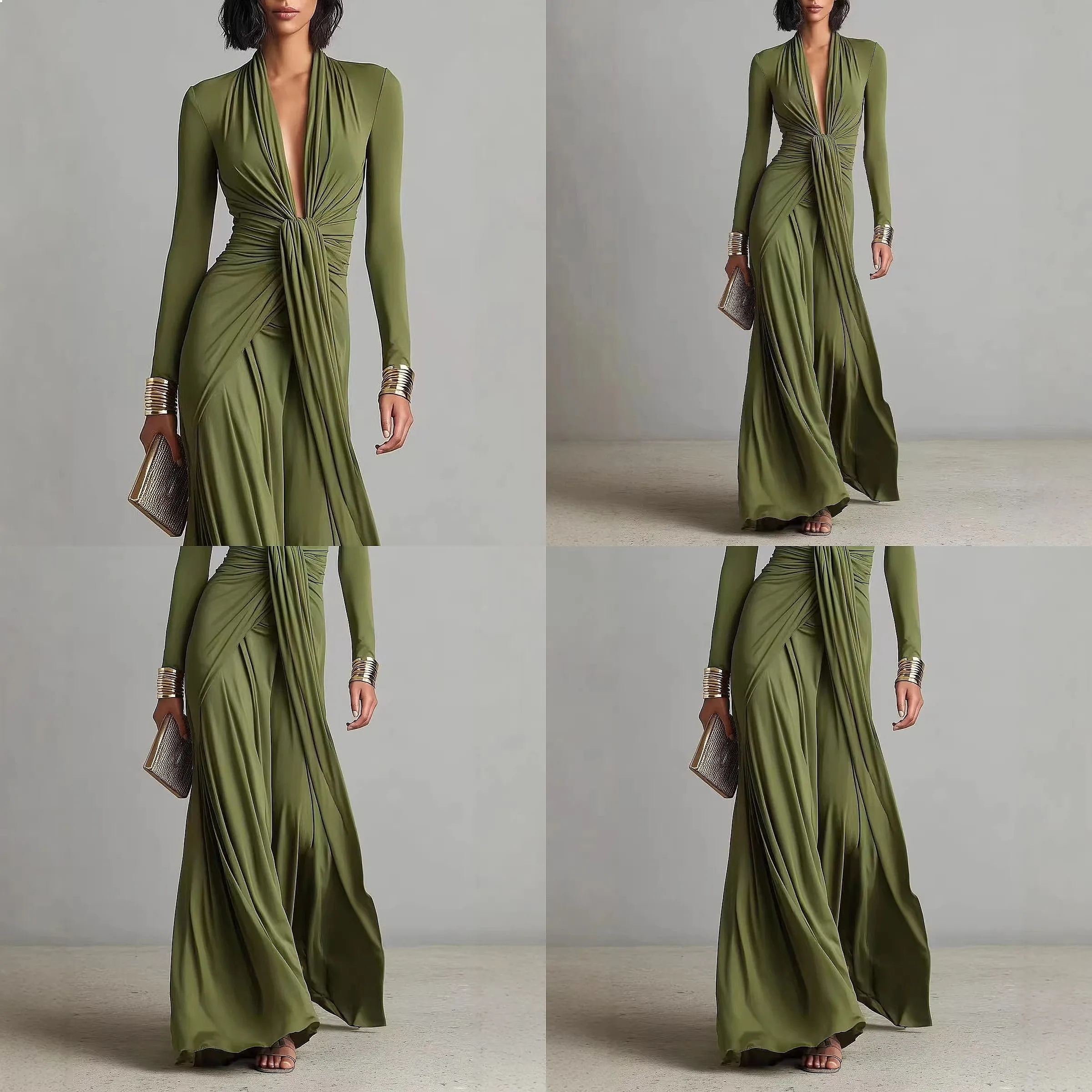 

Elegant Long Sleeve Solid Texture Dress Spring Summer Women Office Midi Dresses