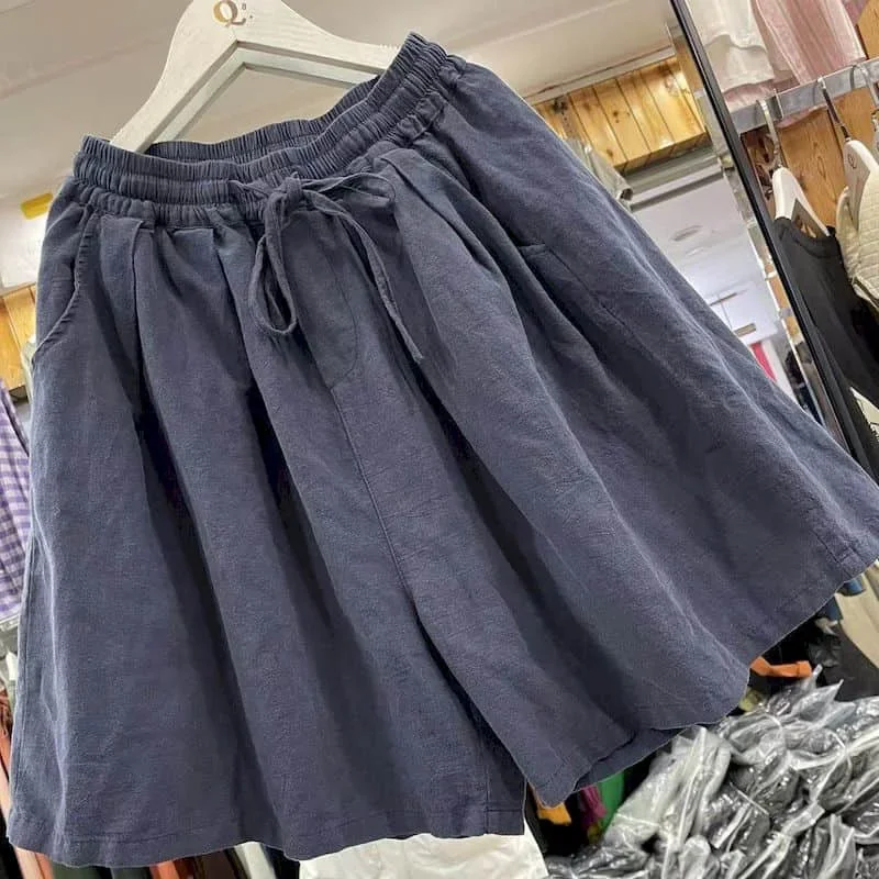 

Pop Solid Shorts Women Summer Casual Cotton Linen Wide Leg Short Pants Korean Style Elastic Waist Five-point Trousers Women Clot