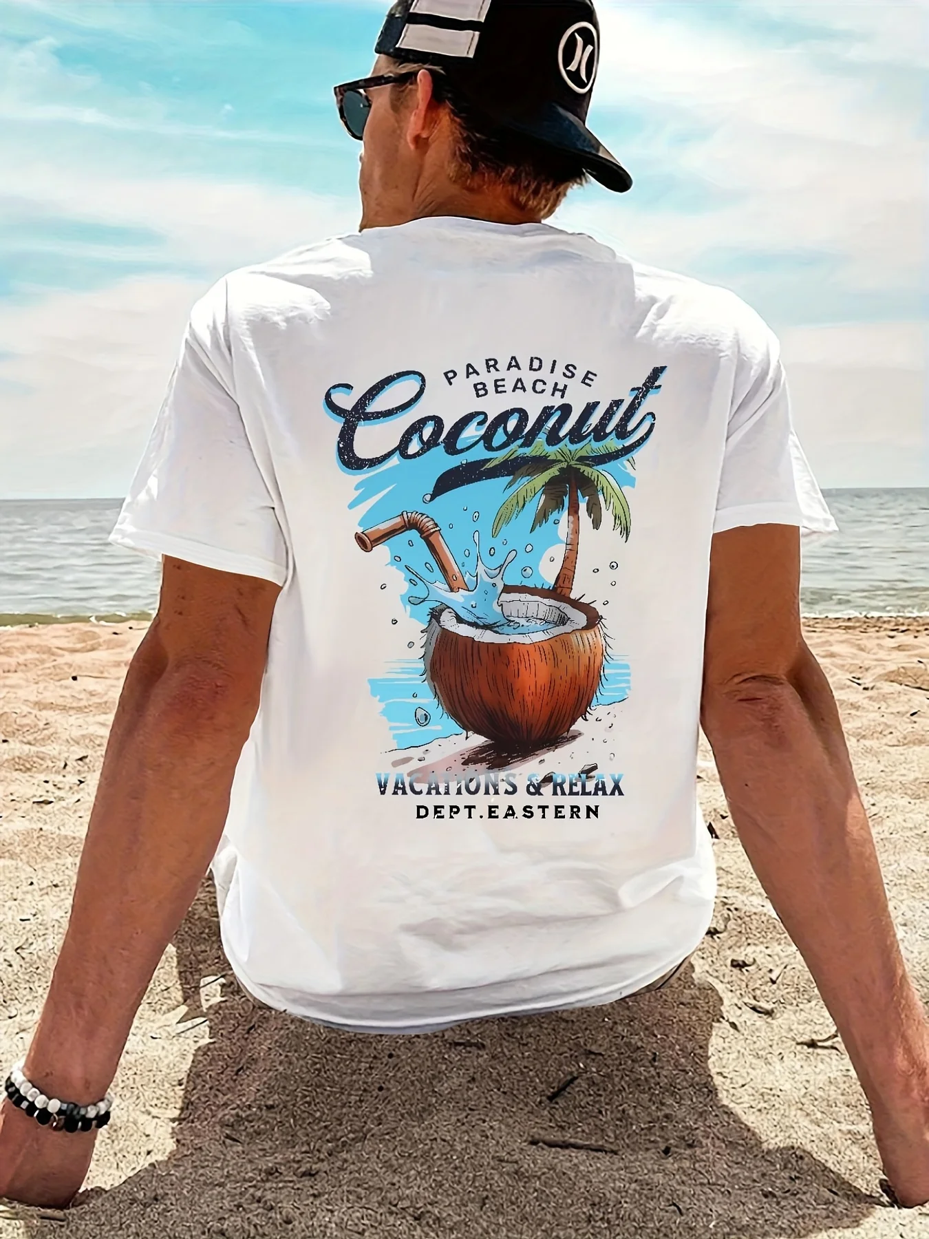 Herren-T-Shirt – Tropischer Palmenbaum-Strandparadies-Print, Sommerurlaub, Freizeitkleidung, Alltagsoutfit und unverzichtbar für Themenpartys