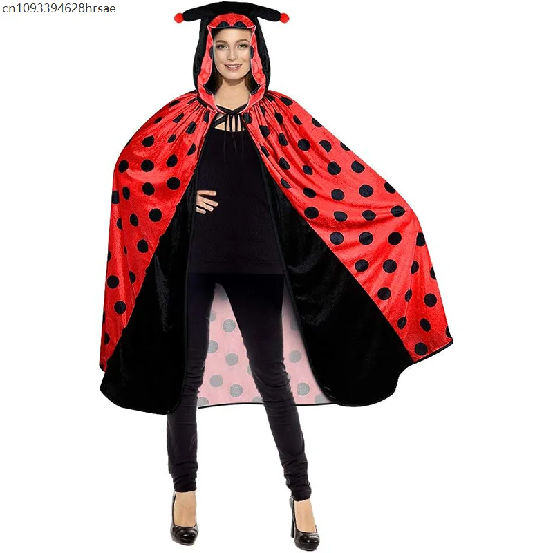 

Ladies Red Polka Dot Hooded Cloak Halloween Ladybug Drawstring Hooded Costume Cape ladybug For Women
