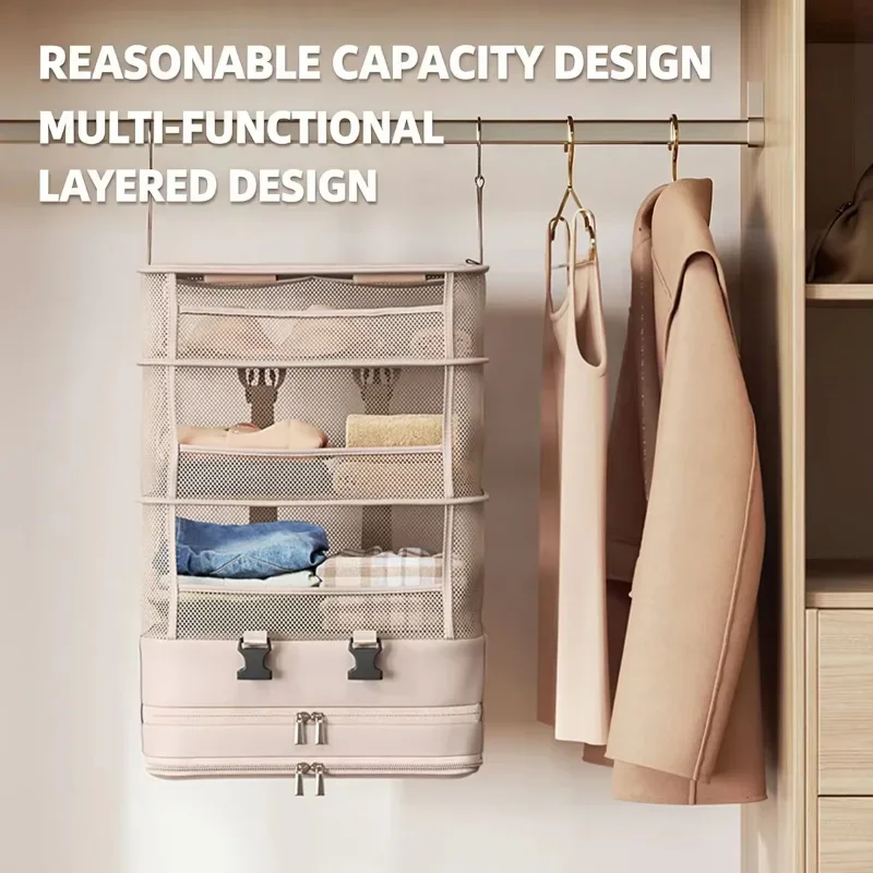Hanging Travel Organizer With Shelves Foldable Suitcase Luggage Packing Cube With Mesh Compartments For Clothes Cosmetics