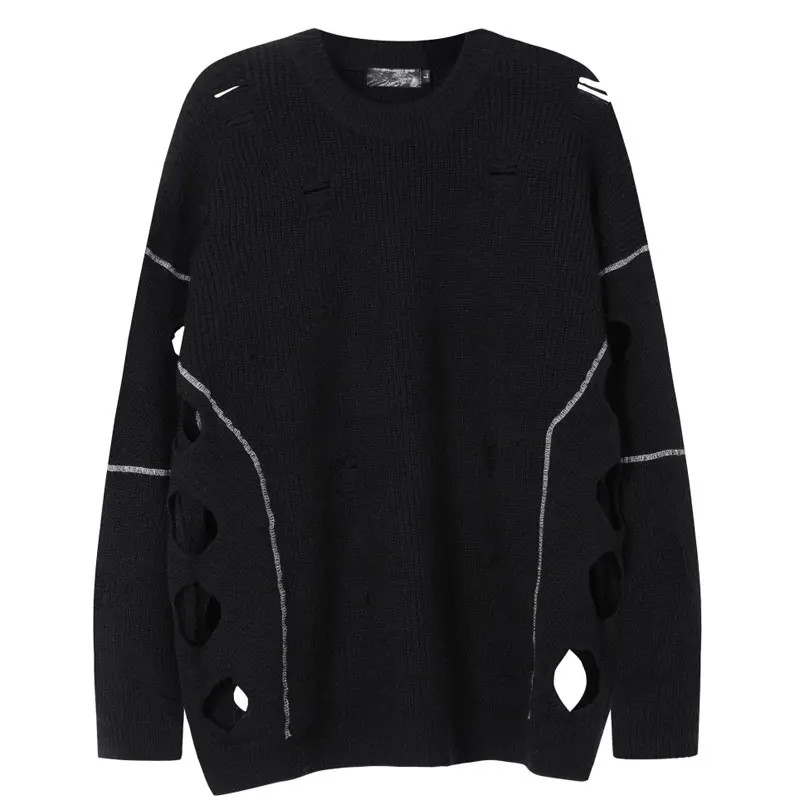 Vintage Sweater Y2K Grunge Distressed Open Knit Jumper Streetwear Hip Hop Ripped Holes Knitted Sweaters Harajuku Casual Pullover