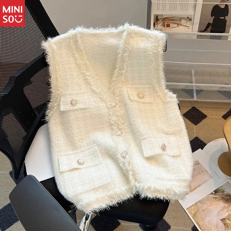 مينيسو 2025 سترة نسائية |   صدرية تويد أنيقة |   سترة كاجوال منسوجة للنساء