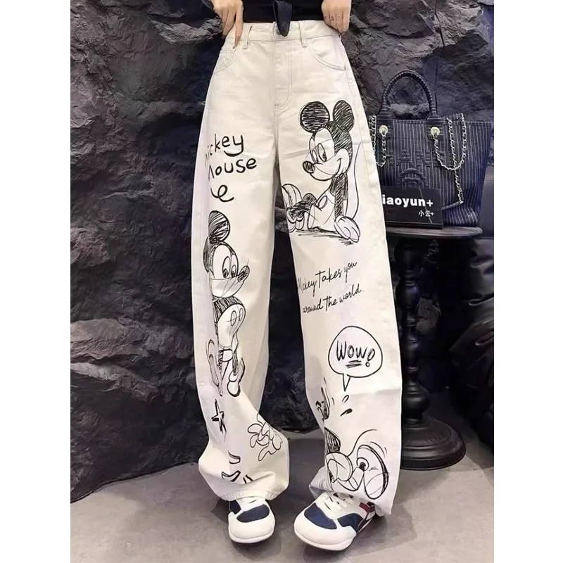 

Straight Pants Women 2025 Spring American Street Denim Trousers Cartoon Graffiti High Waist Skinny Wide Leg Jeans Floor Mopping