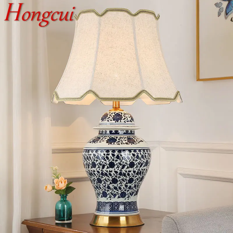 

Hongcui Modern Ceramics Table Lamp LED Dimming Chinese Blue And White Porcelain Desk Light for Home Living Room Bedroom