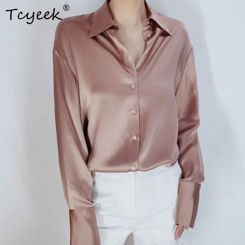 

Tcyeek 22MM 100%Real Silk Elegant Women Shirt Long Sleeve Solid Commute Basics Blouses Office Lady 2024 Spring New T41118QM