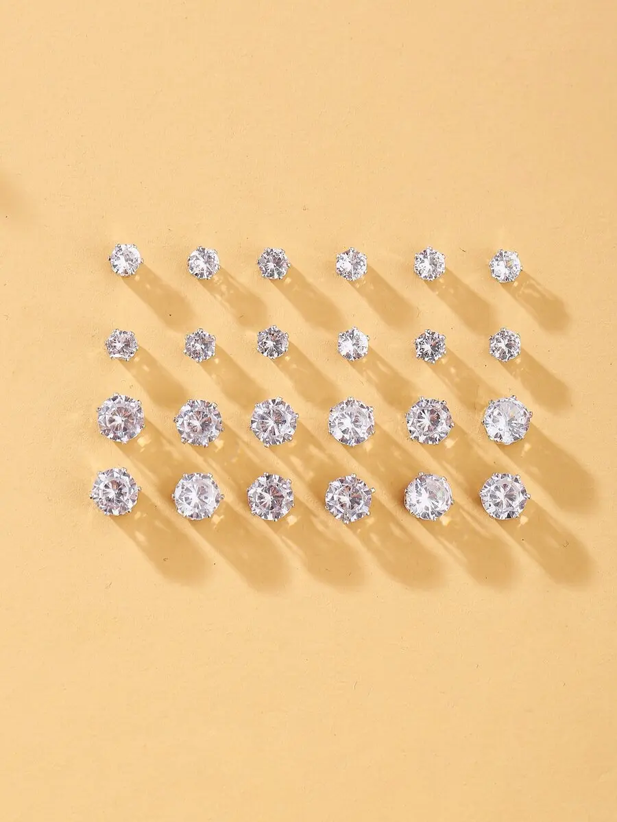 12 Pairs Cubic Zirconia Stud Earrings For Women