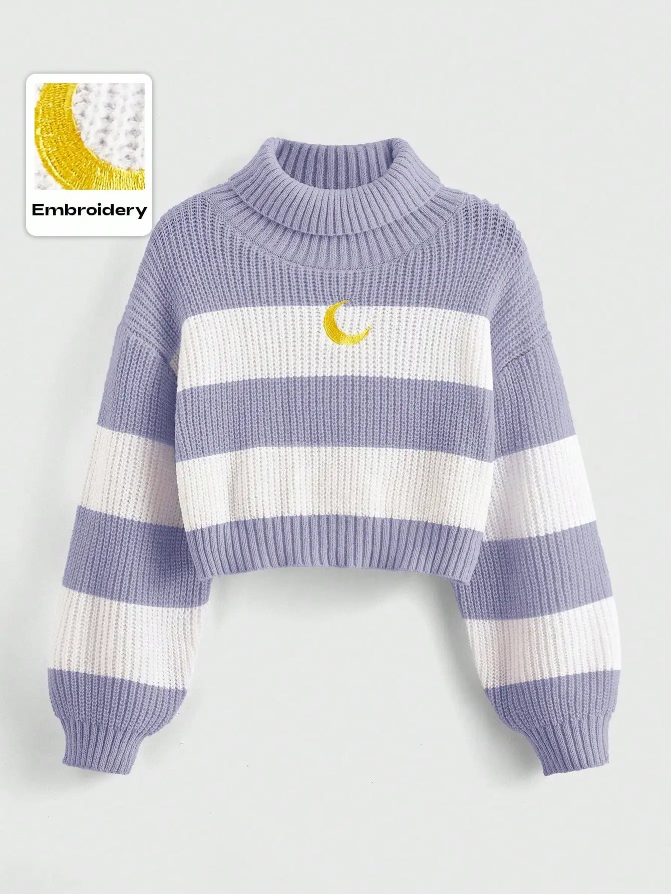 

Cropped Striped Knit Sweater with Moon Embroidery, Long Sleeve, High Neck, Kawaii School Style