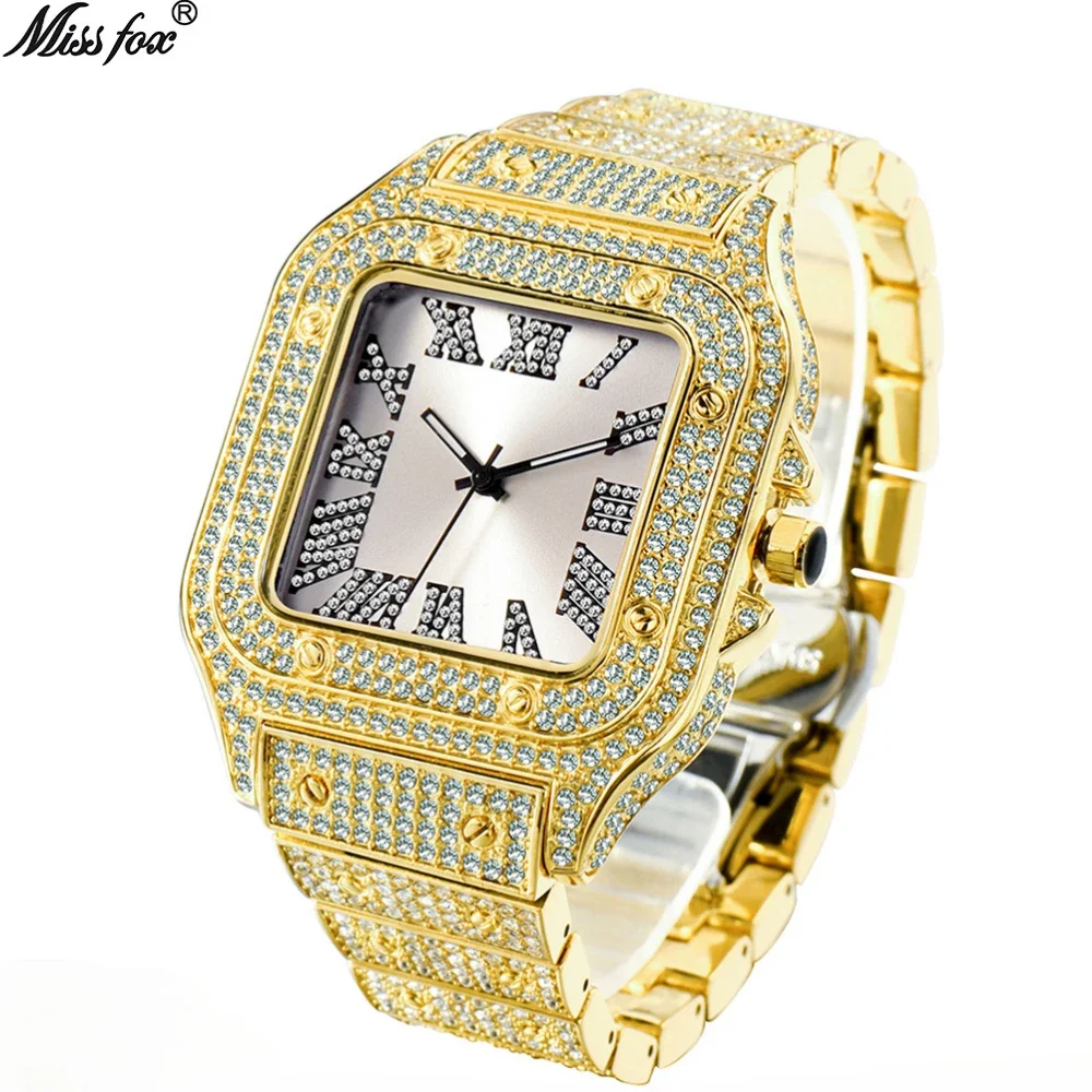 MISSFOX Square Watches for Men Luxury Designer Diamond Watch Limitied Ice Gray Edition Quartz Wristwatches for Couple Wholesale