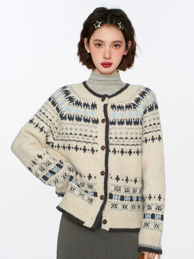 

Винтажный милый кардиган с принтом, женский повседневный вязаный свитер с круглым вырезом и длинными рукавами, консервативный стиль, ретро, Япония, свободные женские осенние новые топы