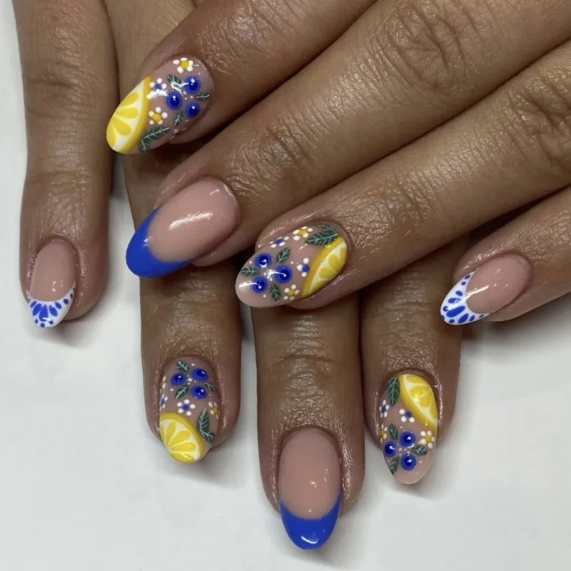 

24 Pcs French Blue Press on Nails for Girls Fruit Lemon Artificial Nail Tips Medium Short Round Short Fake Nails with Glue 2025