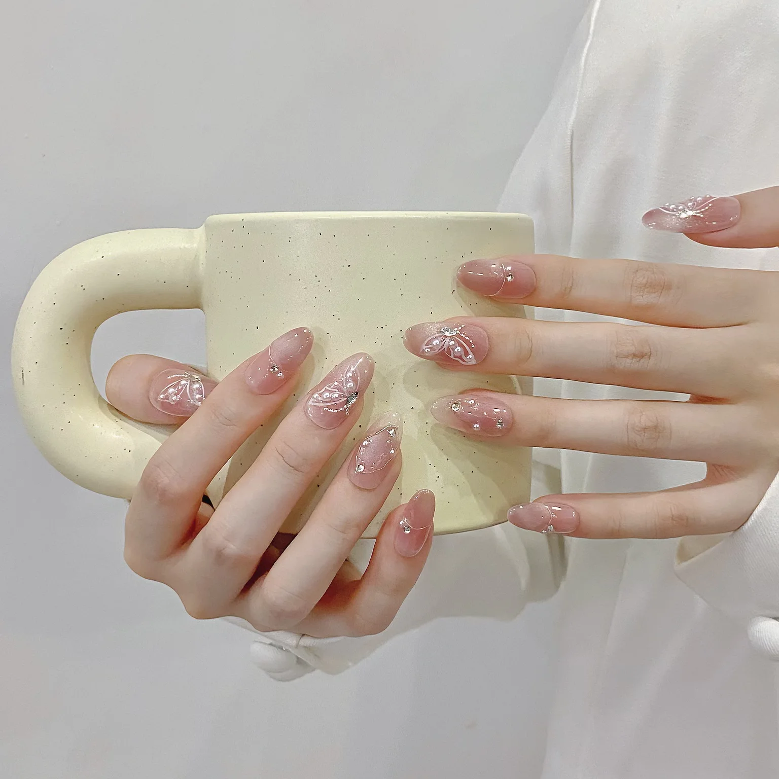 10 Uds. De uñas postizas terminadas reutilizables con diseño de mariposa, ojo de gato rosa, prensa francesa hecha a mano en uñas postizas, puntas para decoración de uñas usables