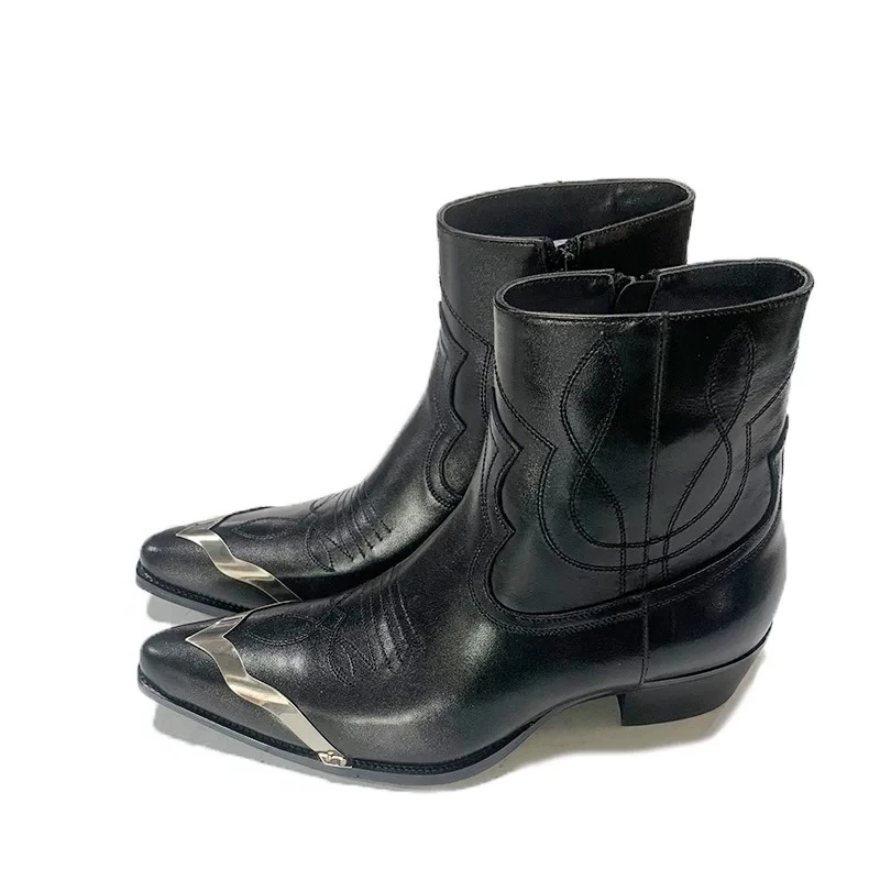 British Fashion Genuine Leather Western Cowboy Boots Men's Embroidered Knight Boots Male High Heel Shoes Trendy Chelsea Boots